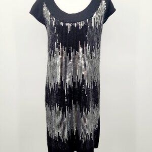 Lapis Angora/Wool Blend Sweater Dress With Black & Silver Waterfall Sequins
